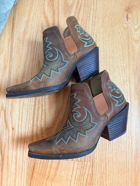Durango Brown Western Ankle Heeled Boots with Turquoise Stitching